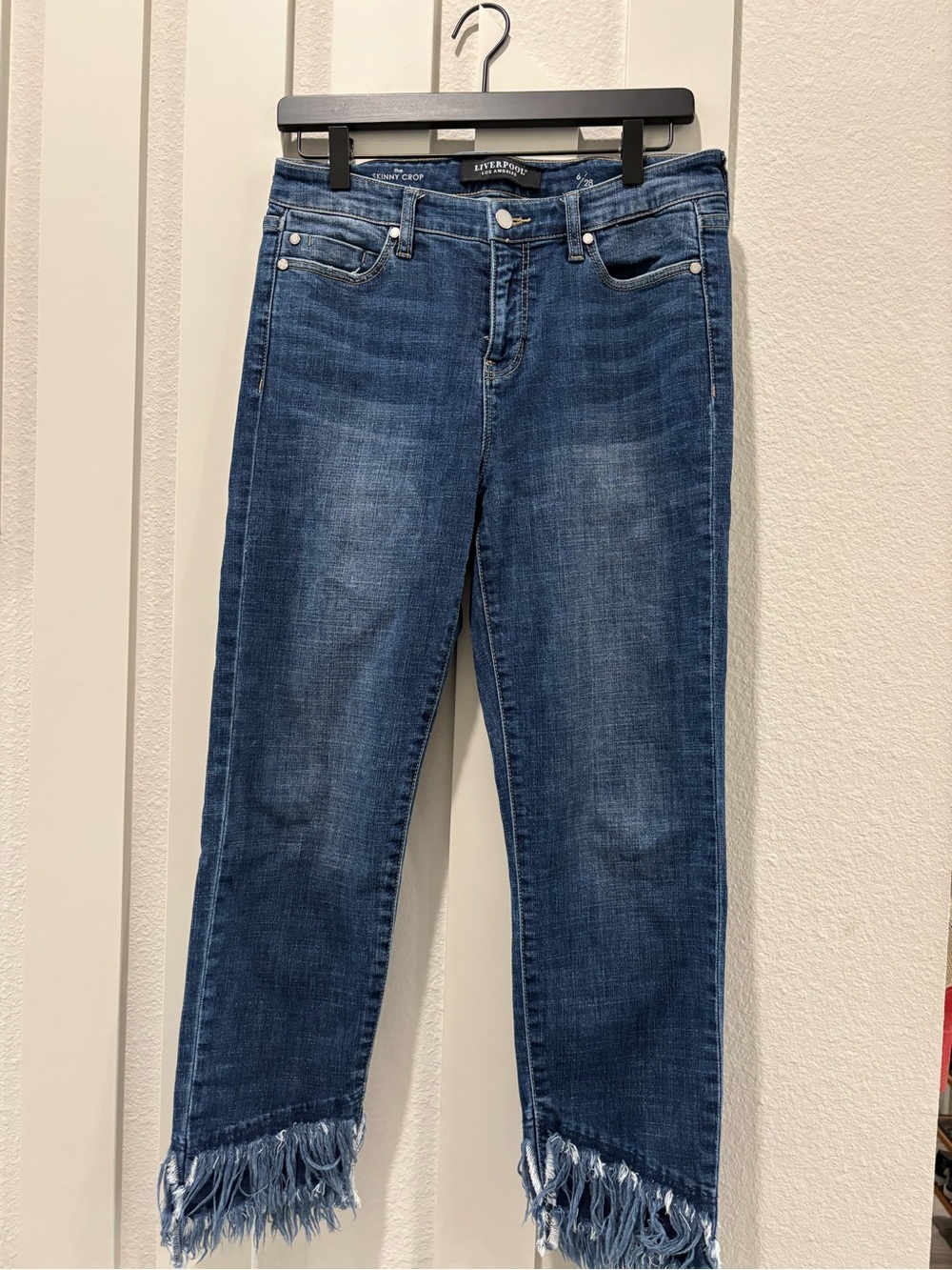 Liverpool Jeans Company Dark Blue Cropped Frayed-Hem Jeans